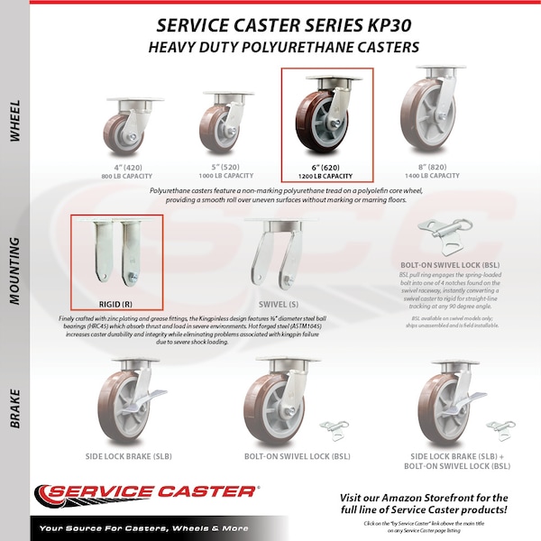 6 Inch SS Polyurethane Caster Set with Ball Bearings 2 Brakes 2 Rigid SCC